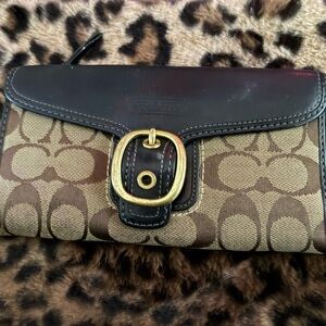 Authentic Coach Tan and Black Women's Wallet with Gold Buckle
